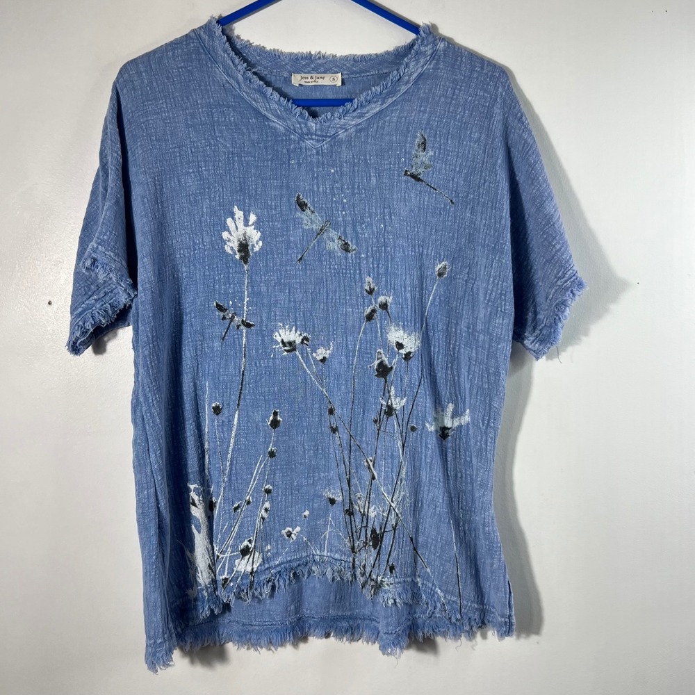 Womens Jess & Jane Art Acid Wash Floral Painted Cotton Tunic Blue S Raw Edges